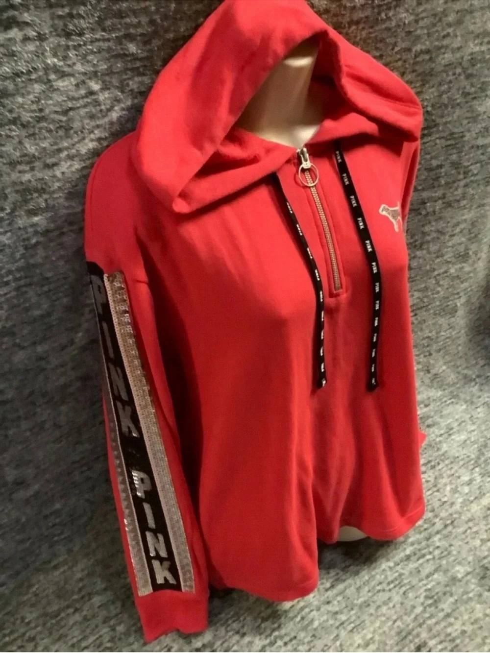 Victoria's Secret Pink Bling Campus Tunic Hoodie Neon Candy Coral Silver M - Picture 5 of 8